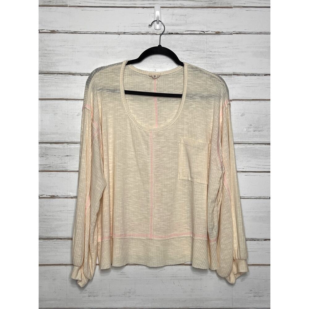 POl Cream Long Sleeve Waffle Knit Top Size Small Oversized Pocket Boho